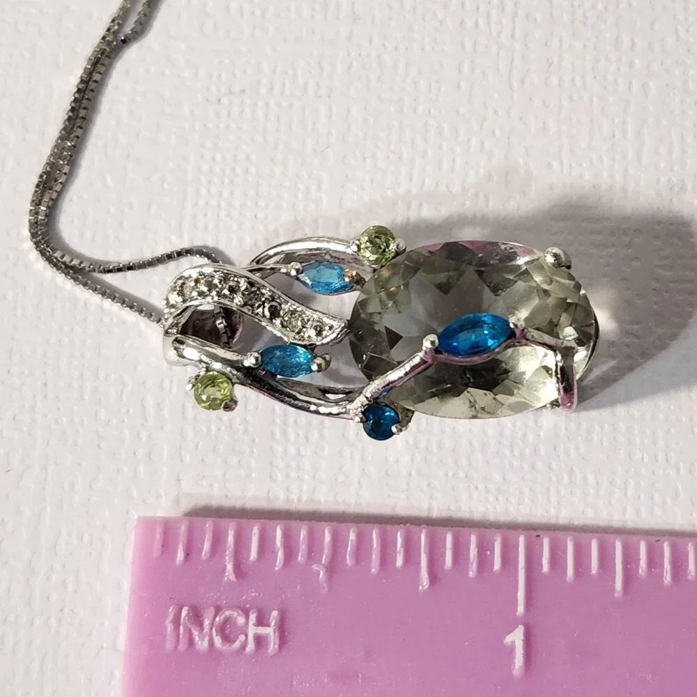 VTG 925 Natural Prasolite / Green Amethyst w/ Neon Apatite & Peridot Pendant 18" - Picture 5 of 11